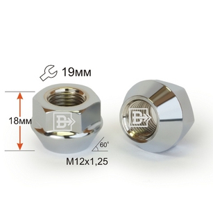 ГАЙКА М12*18*1,25 (КОЛЕСНАЯ, КОНУС С БУРТИКОМ, ОТКРЫТАЯ, КЛЮЧ 19)