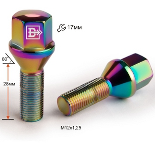 БОЛТ М12*28*1,25 (КОЛЕСНЫЙ, КОНУС С БУРТИКОМ, КЛЮЧ 17) РАДУЖНЫЙ ТИТАН ХРОМ