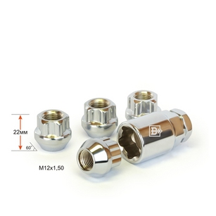 ГАЙКА М12*22*1,5 (СЕКРЕТ.,КОЛЕСНАЯ, КОНУС С БУРТИКОМ, ОТКРЫТАЯ, 5 ЛУЧЕЙ, 2 КЛЮЧА)