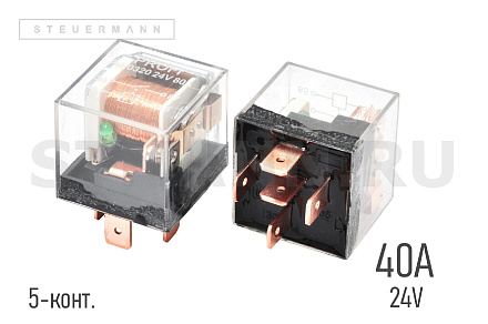 РЕЛЕ СИЛОВОЕ 24V (5-ТИ КОНТАКТ.40А) С УШКОМ ПРОЗРАЧНОЕ